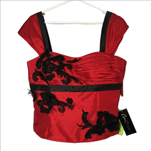 Cartise Red Satin Bustier Top Black Floral Appliqué Gothic Y2K Formal Sz 14